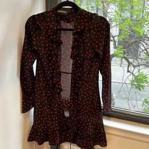 Realisation wrap dress with ruffles - black with red polka dots, size small